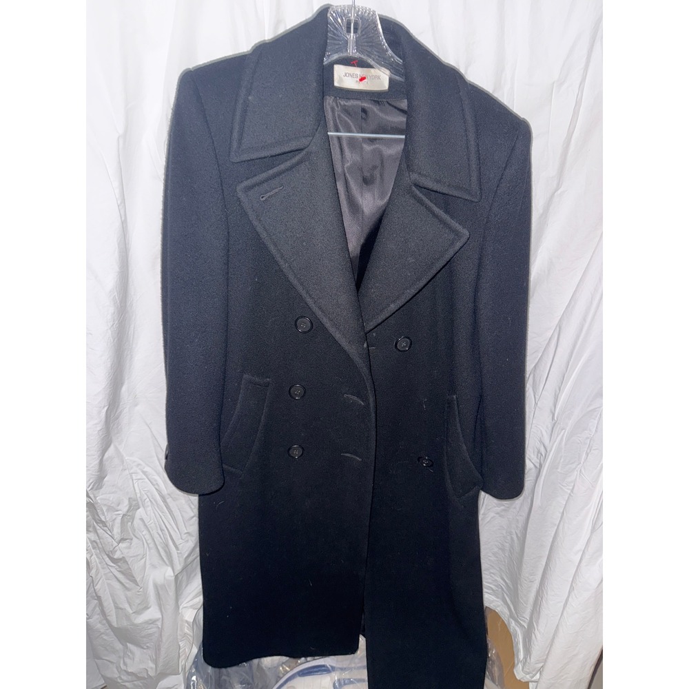 Jones New York Petite Black 100% Pure Wool Double Breasted Long Overcoat Coat